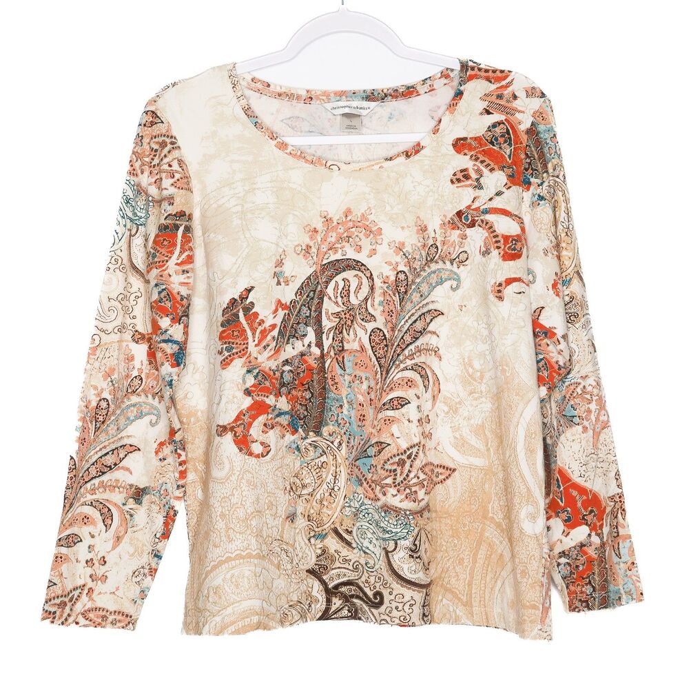 Christopher & Banks‎ Long Sleeve Shirt Size Large Beige Paisley Orange Pullover